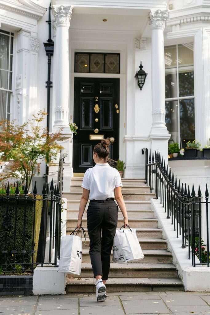 a professional female house cleaner walking up stone steps towards the front door of a grand Victorian townhouse in Kensington, London